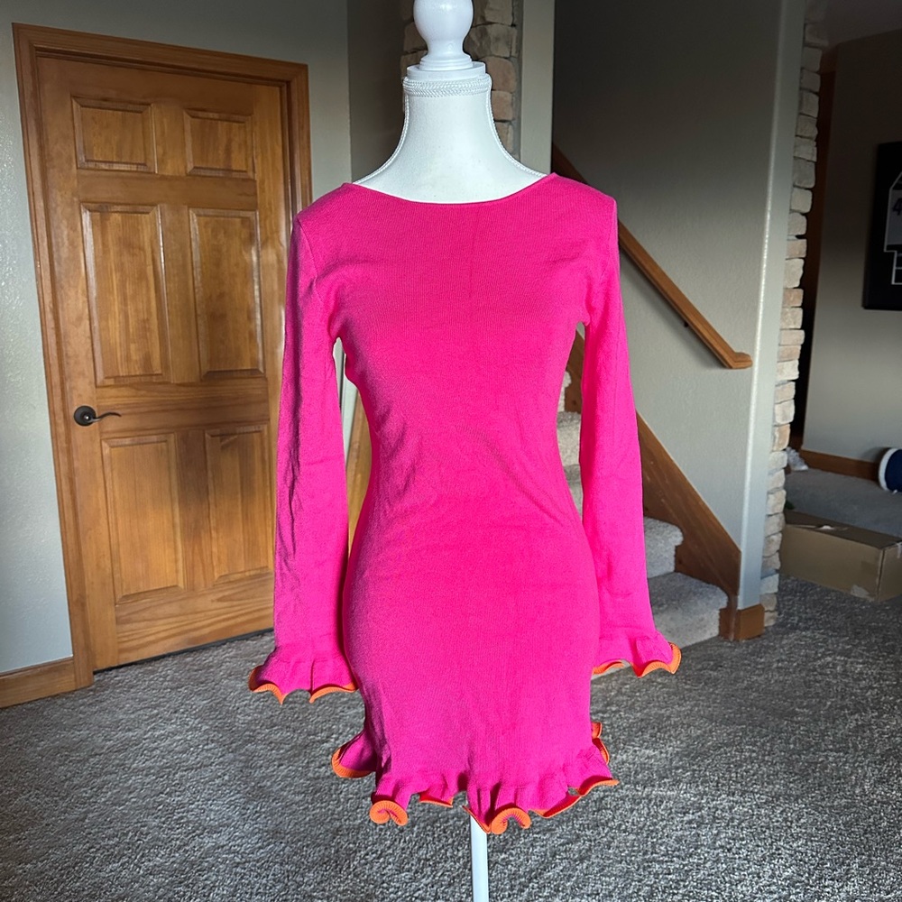Pink Long Sleeve Dress with Orange Trim